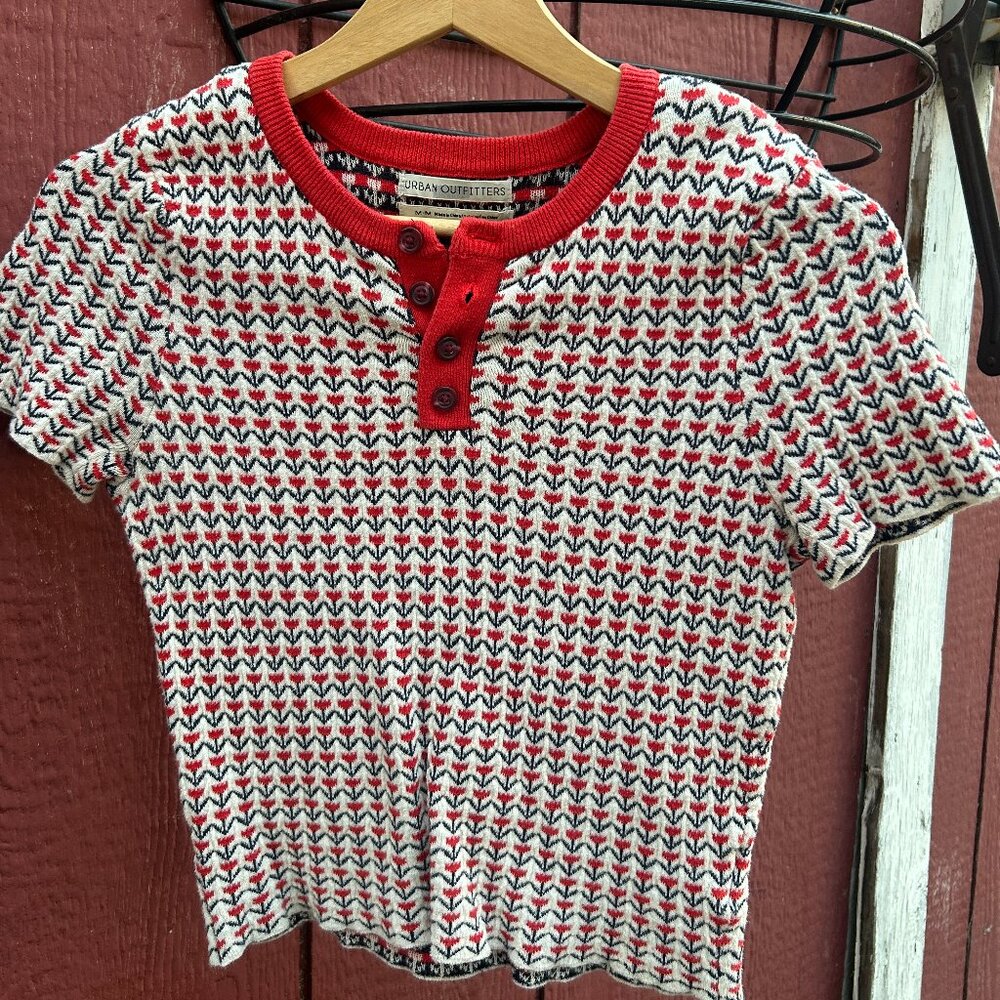 Urban Outfitters Vintage Style Fair Isle Knit Henley Top Red Cream M